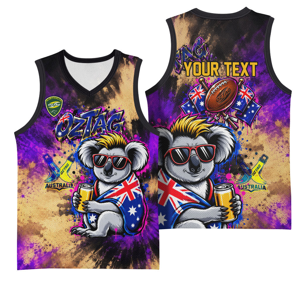 Personalised Australian Oztag Koala Mascot Basketball Jersey Cool Koala Sunglasses Tie Dye Paint Splatter