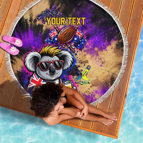Personalised Australian Oztag Koala Mascot Beach Blanket Cool Koala Sunglasses Tie Dye Paint Splatter