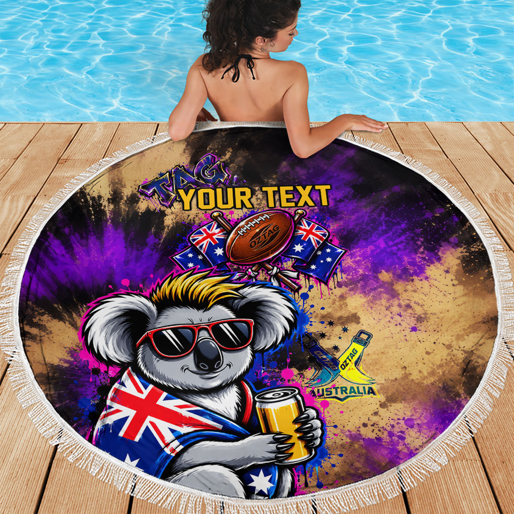 Personalised Australian Oztag Koala Mascot Beach Blanket Cool Koala Sunglasses Tie Dye Paint Splatter