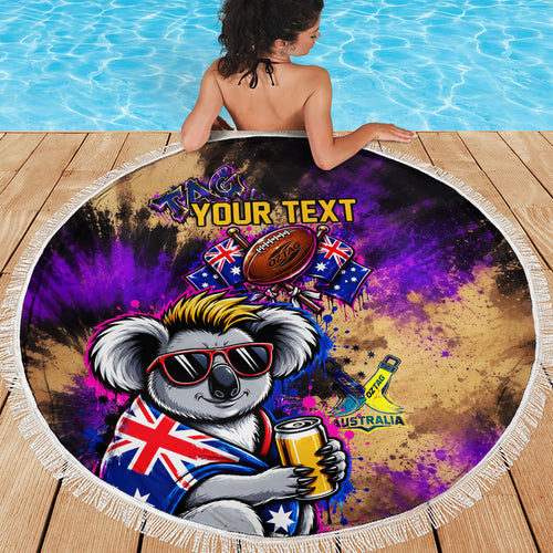 Personalised Australian Oztag Koala Mascot Beach Blanket Cool Koala Sunglasses Tie Dye Paint Splatter