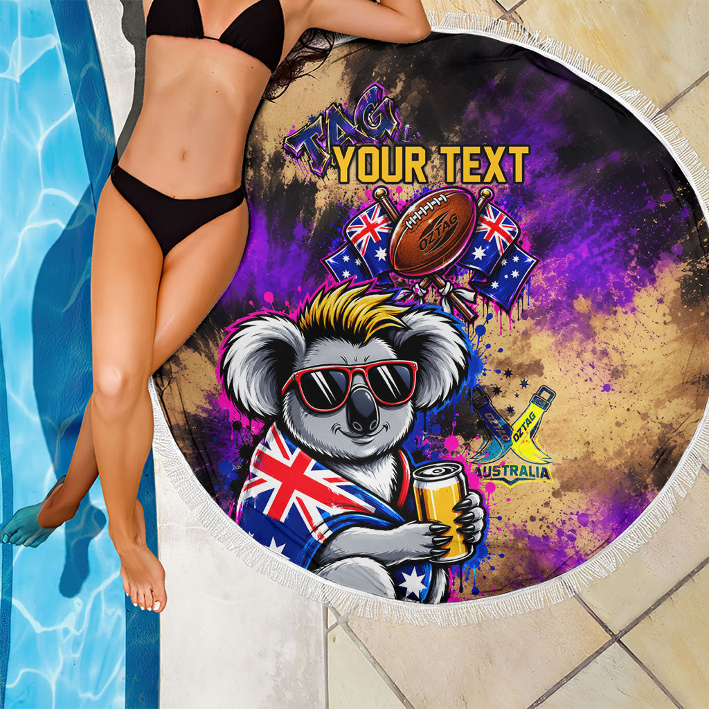 Personalised Australian Oztag Koala Mascot Beach Blanket Cool Koala Sunglasses Tie Dye Paint Splatter