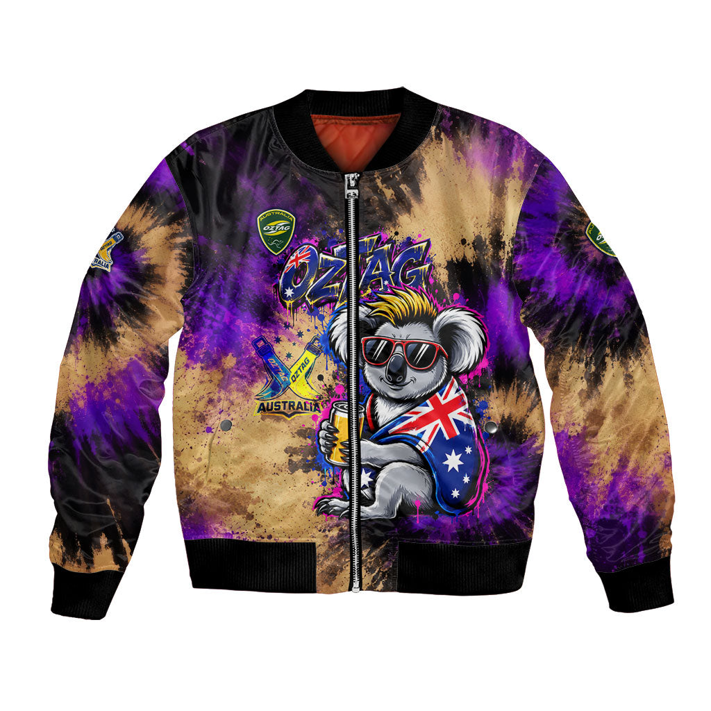 Personalised Australian Oztag Koala Mascot Bomber Jacket Cool Koala Sunglasses Tie Dye Paint Splatter