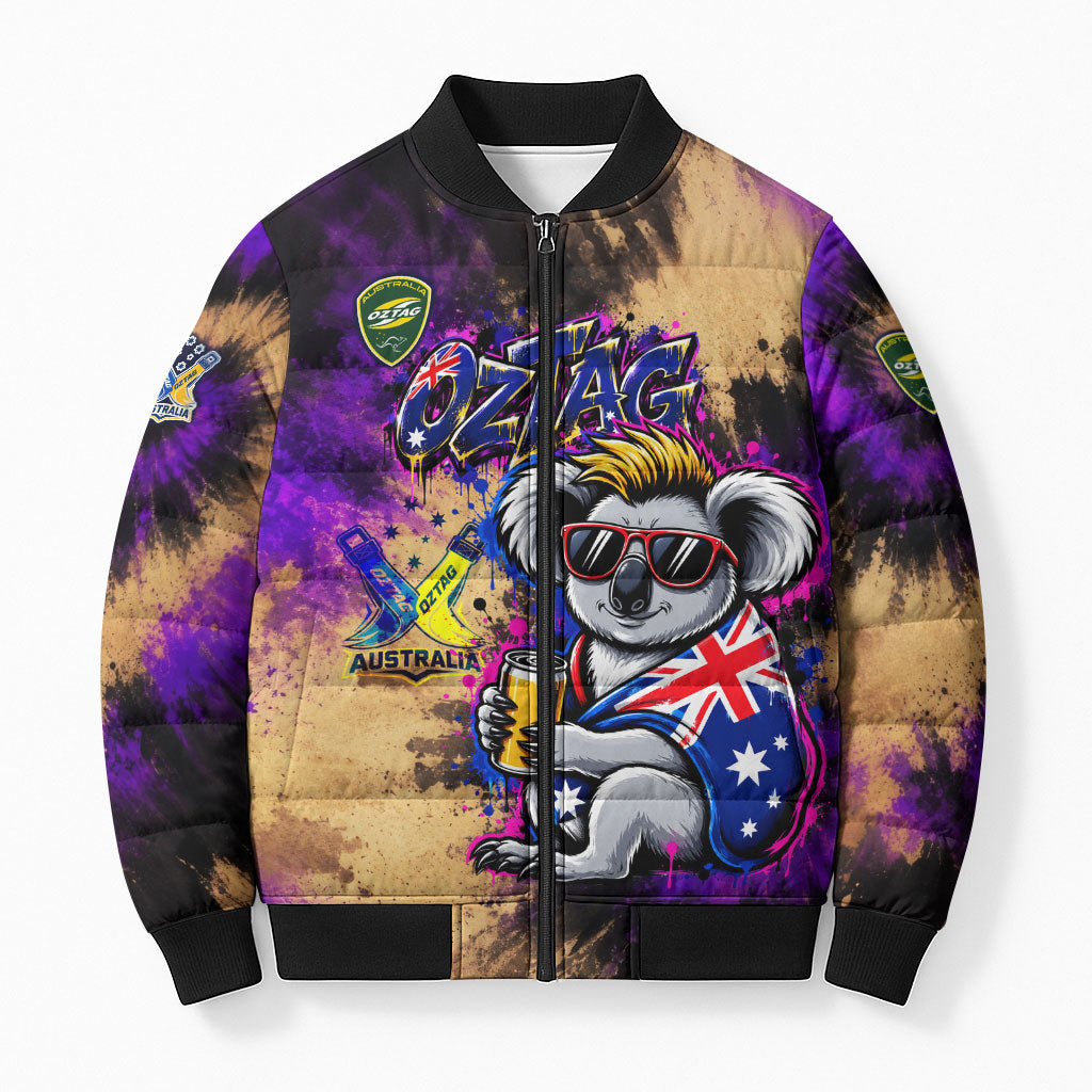 Personalised Australian Oztag Koala Mascot Bomber Puffer Jacket Cool Koala Sunglasses Tie Dye Paint Splatter