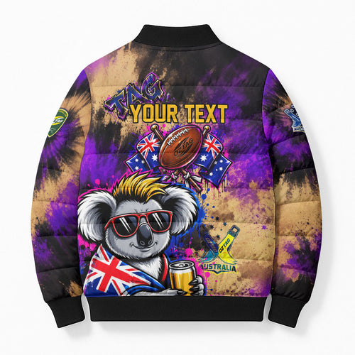 Personalised Australian Oztag Koala Mascot Bomber Puffer Jacket Cool Koala Sunglasses Tie Dye Paint Splatter