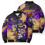Personalised Australian Oztag Koala Mascot Bomber Puffer Jacket Cool Koala Sunglasses Tie Dye Paint Splatter