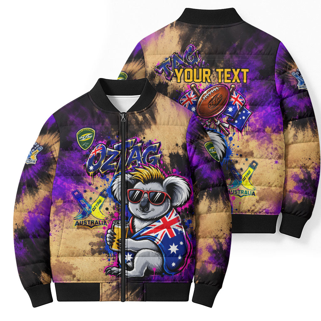Personalised Australian Oztag Koala Mascot Bomber Puffer Jacket Cool Koala Sunglasses Tie Dye Paint Splatter