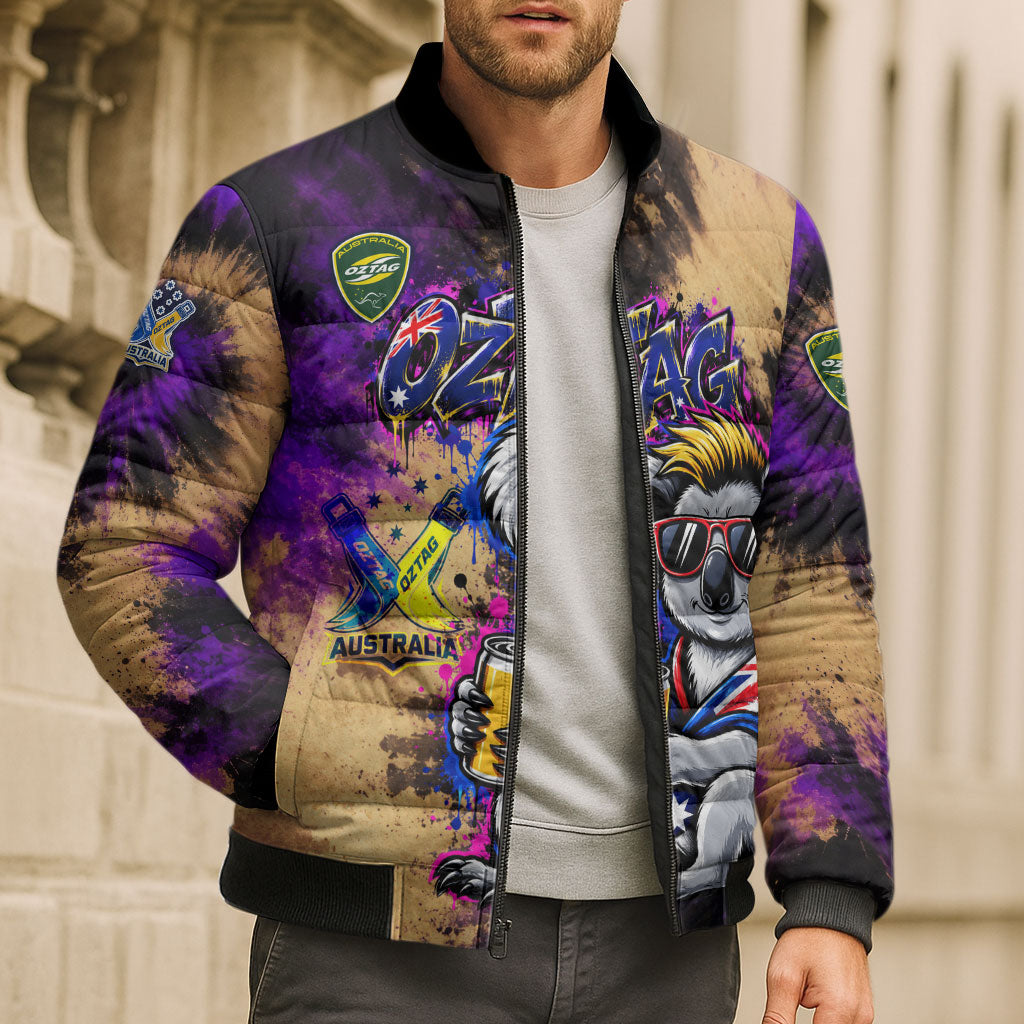 Personalised Australian Oztag Koala Mascot Bomber Puffer Jacket Cool Koala Sunglasses Tie Dye Paint Splatter