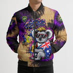 Personalised Australian Oztag Koala Mascot Bomber Puffer Jacket Cool Koala Sunglasses Tie Dye Paint Splatter