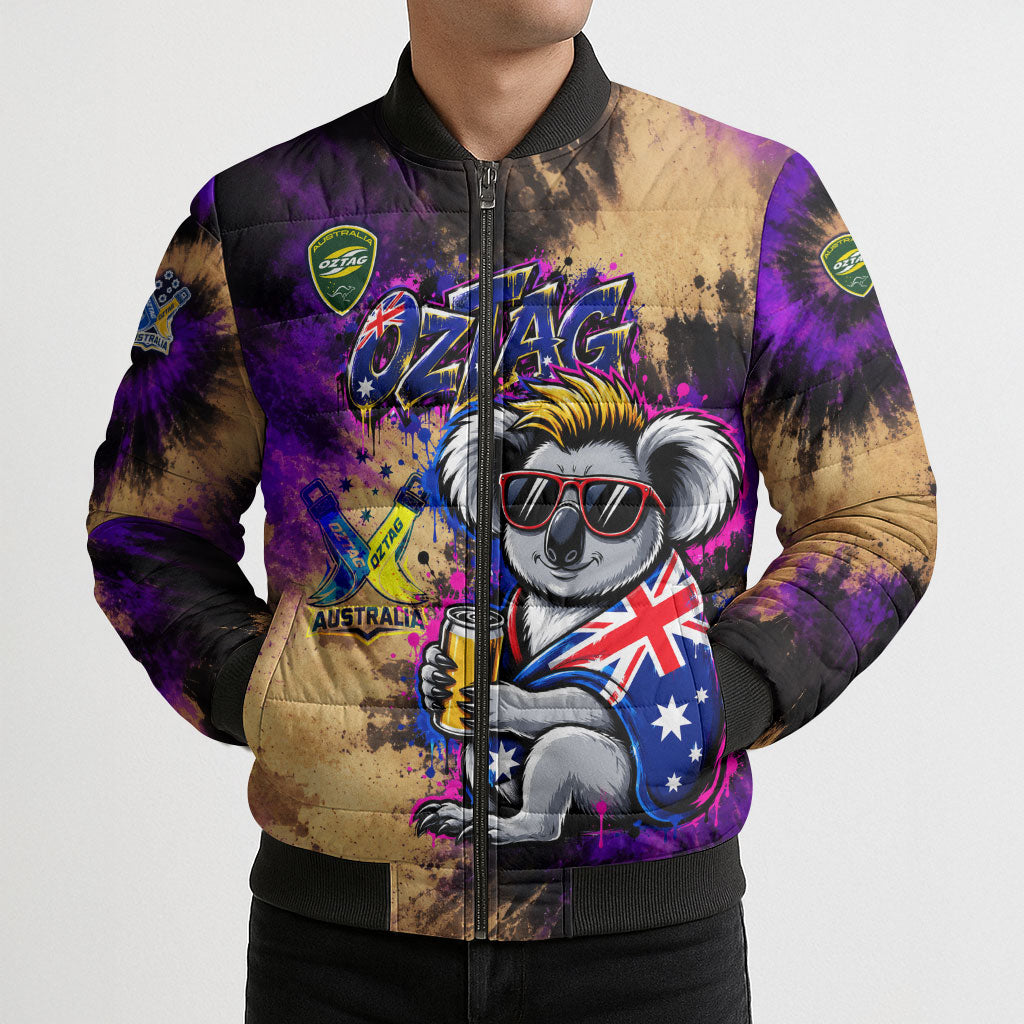 Personalised Australian Oztag Koala Mascot Bomber Puffer Jacket Cool Koala Sunglasses Tie Dye Paint Splatter