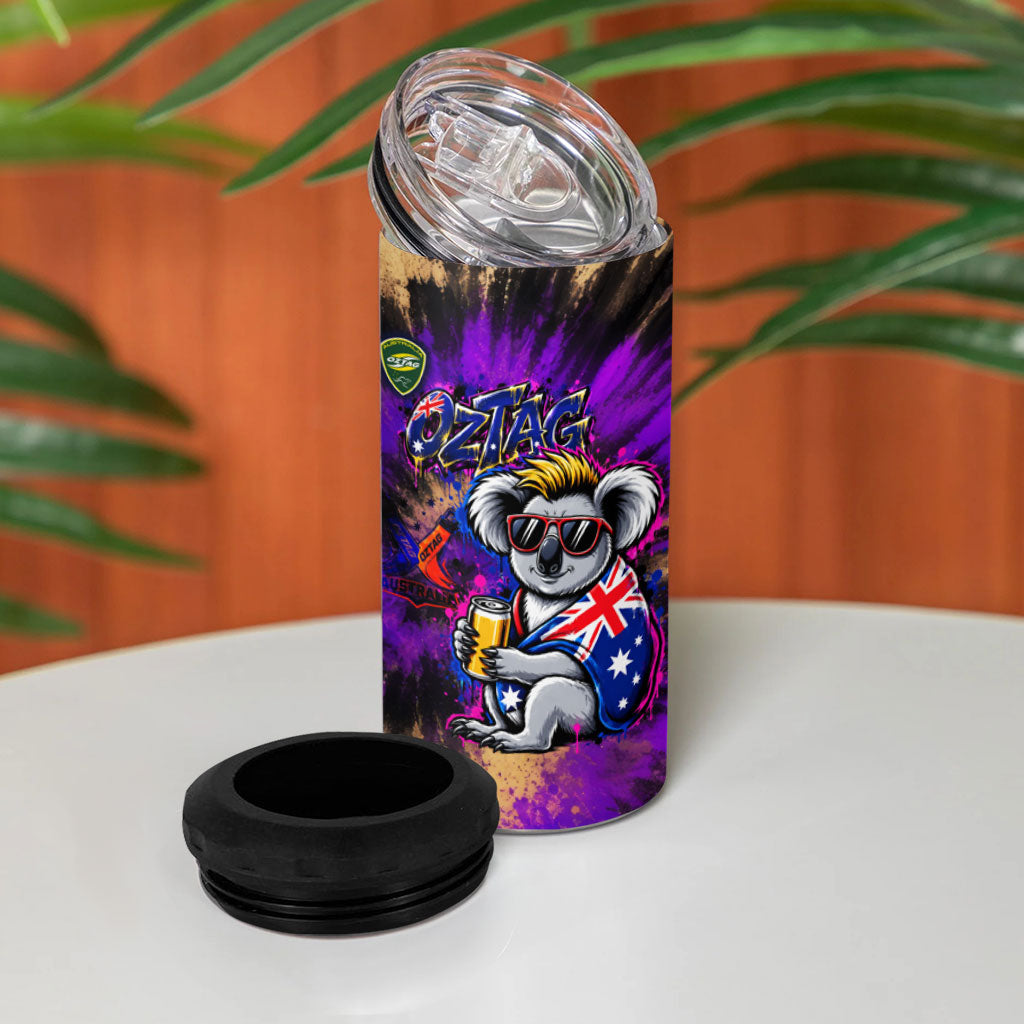 Personalised Australian Oztag Koala Mascot 4 in 1 Can Cooler Tumbler Cool Koala Sunglasses Tie Dye Paint Splatter