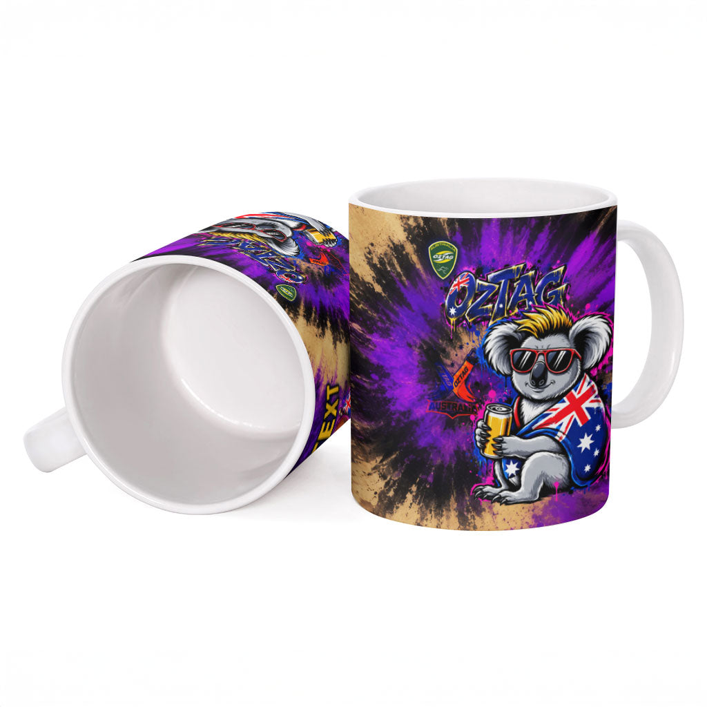 Personalised Australian Oztag Koala Mascot Ceramic Mug Cool Koala Sunglasses Tie Dye Paint Splatter