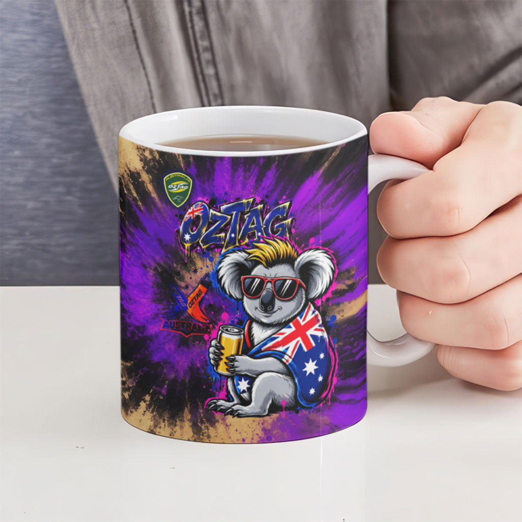 Personalised Australian Oztag Koala Mascot Ceramic Mug Cool Koala Sunglasses Tie Dye Paint Splatter