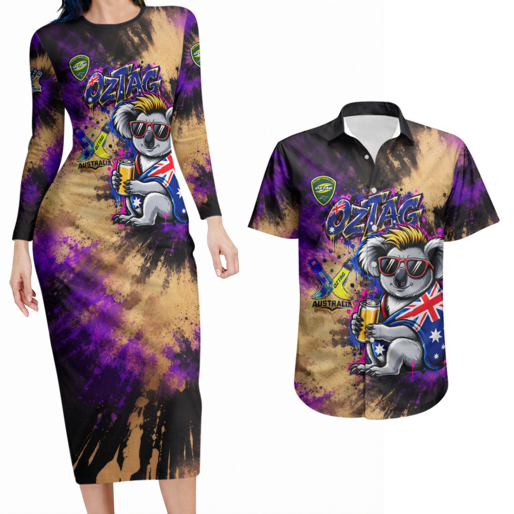 Personalised Australian Oztag Koala Mascot Couples Matching Long Sleeve Bodycon Dress and Hawaiian Shirt Cool Koala Sunglasses Tie Dye Paint Splatter