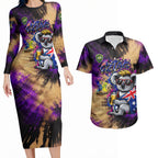Personalised Australian Oztag Koala Mascot Couples Matching Long Sleeve Bodycon Dress and Hawaiian Shirt Cool Koala Sunglasses Tie Dye Paint Splatter