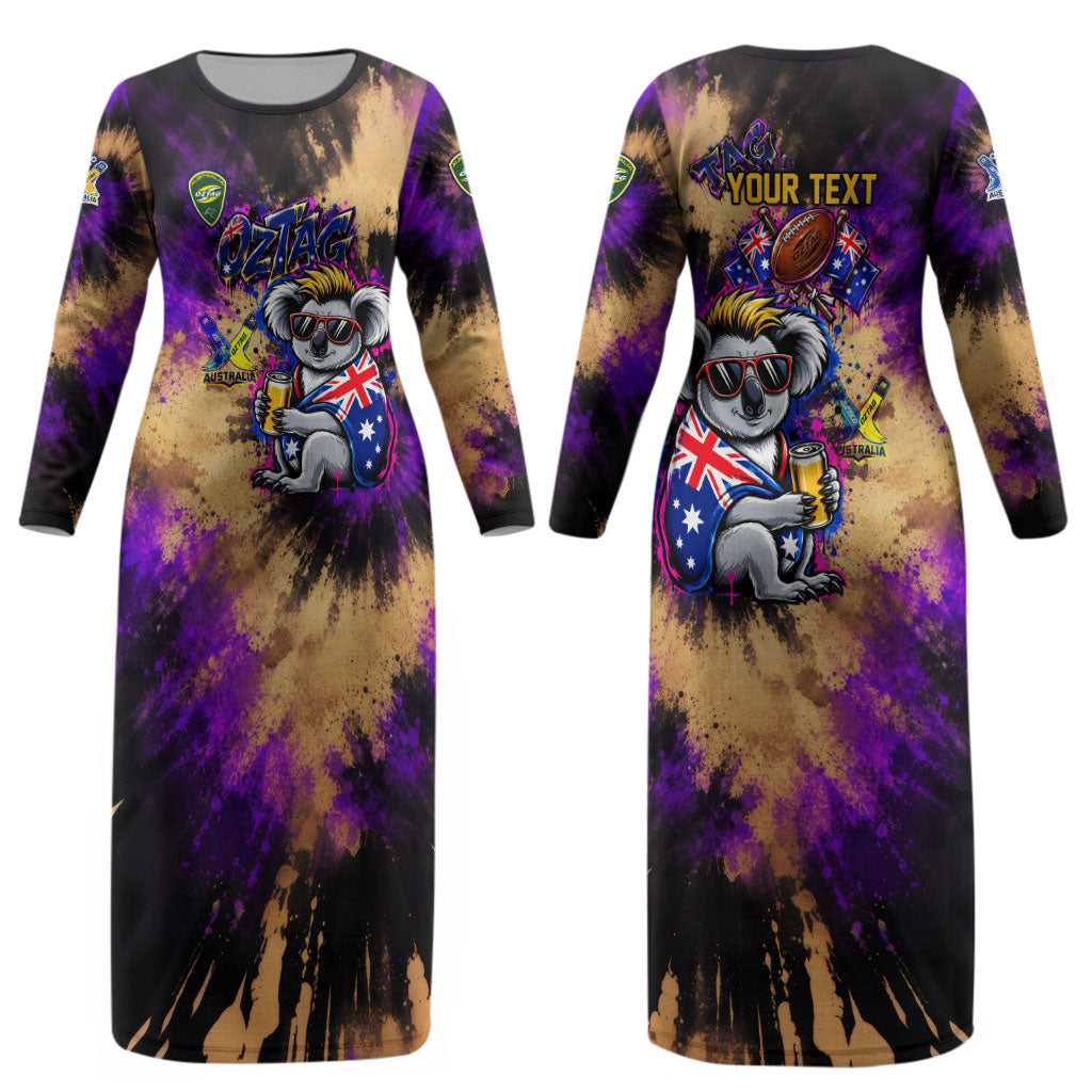 Personalised Australian Oztag Koala Mascot Couples Matching Long Sleeve Bodycon Dress and Hawaiian Shirt Cool Koala Sunglasses Tie Dye Paint Splatter
