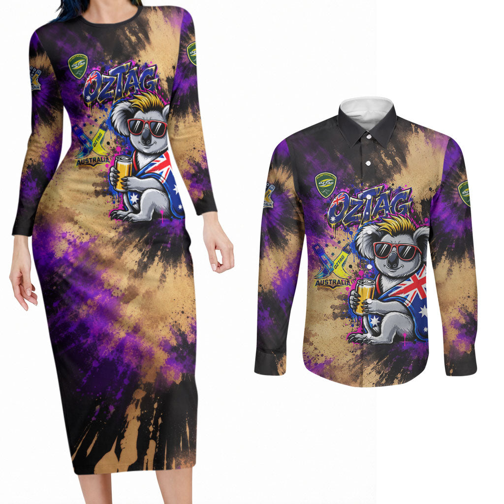 Personalised Australian Oztag Koala Mascot Couples Matching Long Sleeve Bodycon Dress and Long Sleeve Button Shirt Cool Koala Sunglasses Tie Dye Paint Splatter