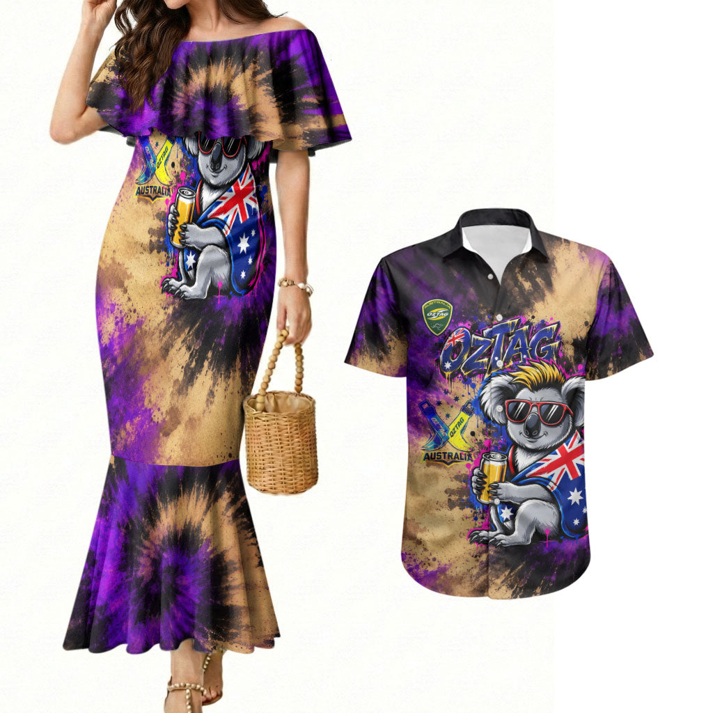 Personalised Australian Oztag Koala Mascot Couples Matching Mermaid Dress and Hawaiian Shirt Cool Koala Sunglasses Tie Dye Paint Splatter