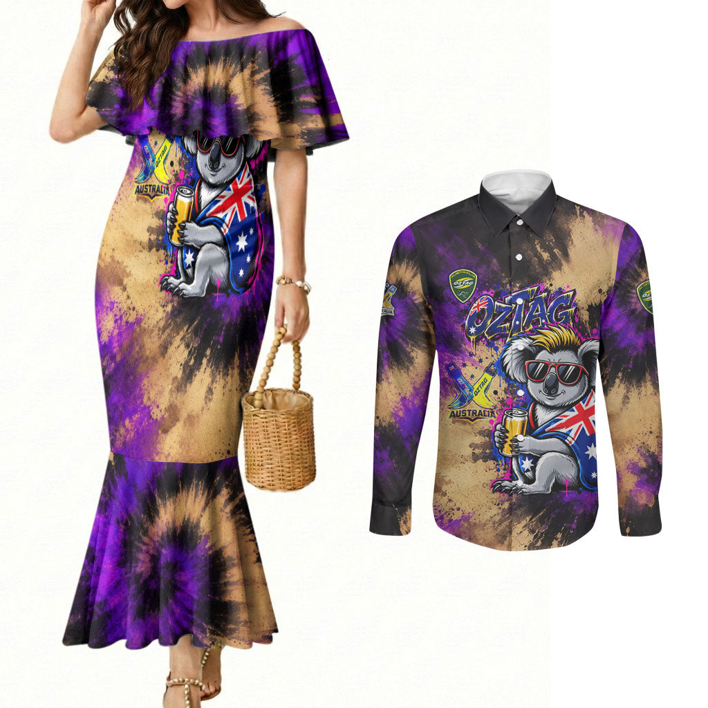 Personalised Australian Oztag Koala Mascot Couples Matching Mermaid Dress and Long Sleeve Button Shirt Cool Koala Sunglasses Tie Dye Paint Splatter