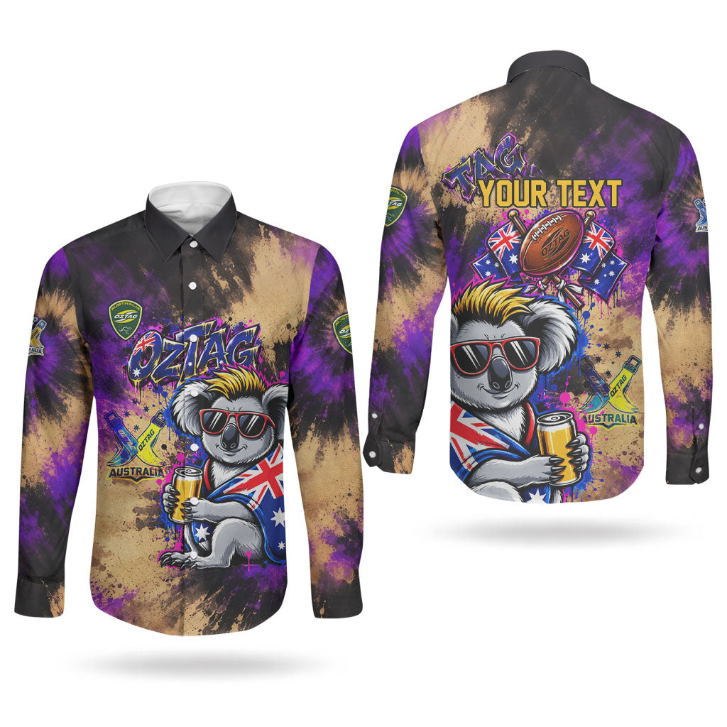 Personalised Australian Oztag Koala Mascot Couples Matching Mermaid Dress and Long Sleeve Button Shirt Cool Koala Sunglasses Tie Dye Paint Splatter