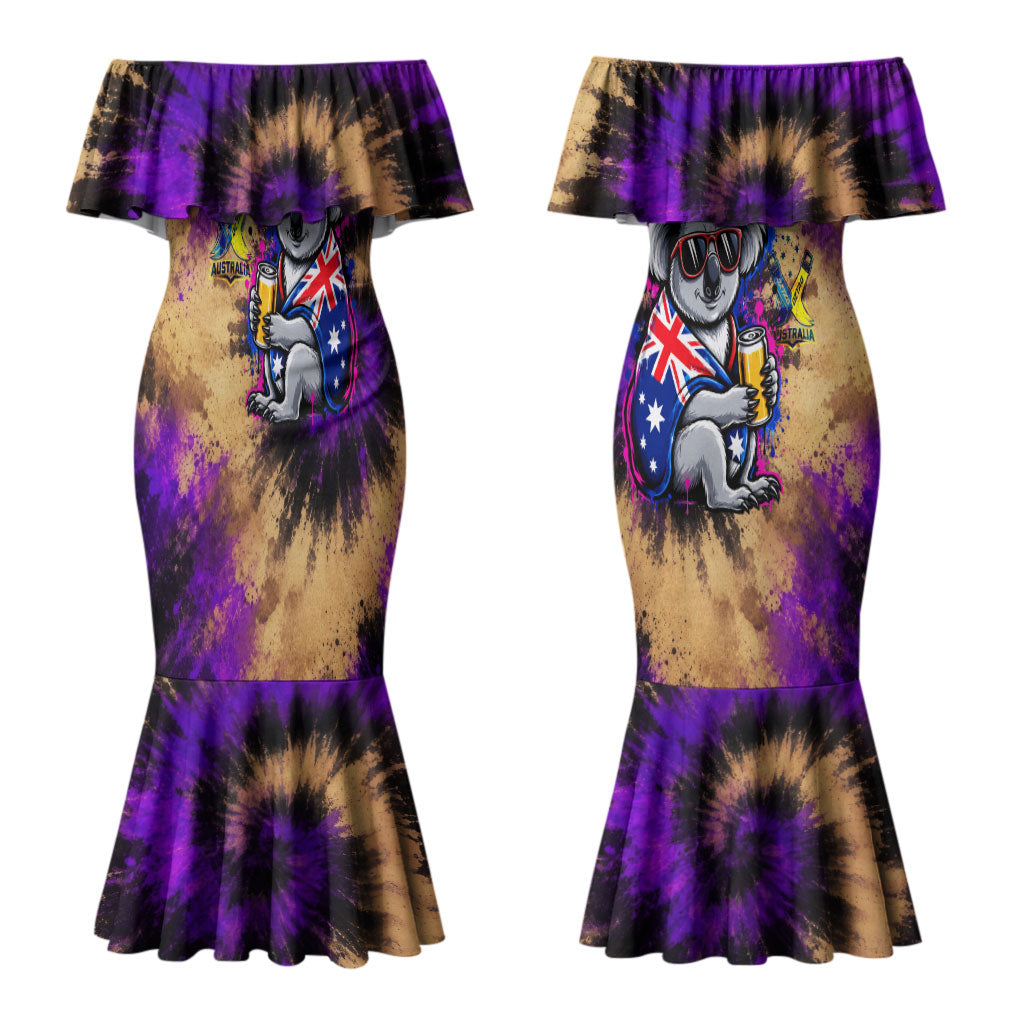 Personalised Australian Oztag Koala Mascot Couples Matching Mermaid Dress and Long Sleeve Button Shirt Cool Koala Sunglasses Tie Dye Paint Splatter