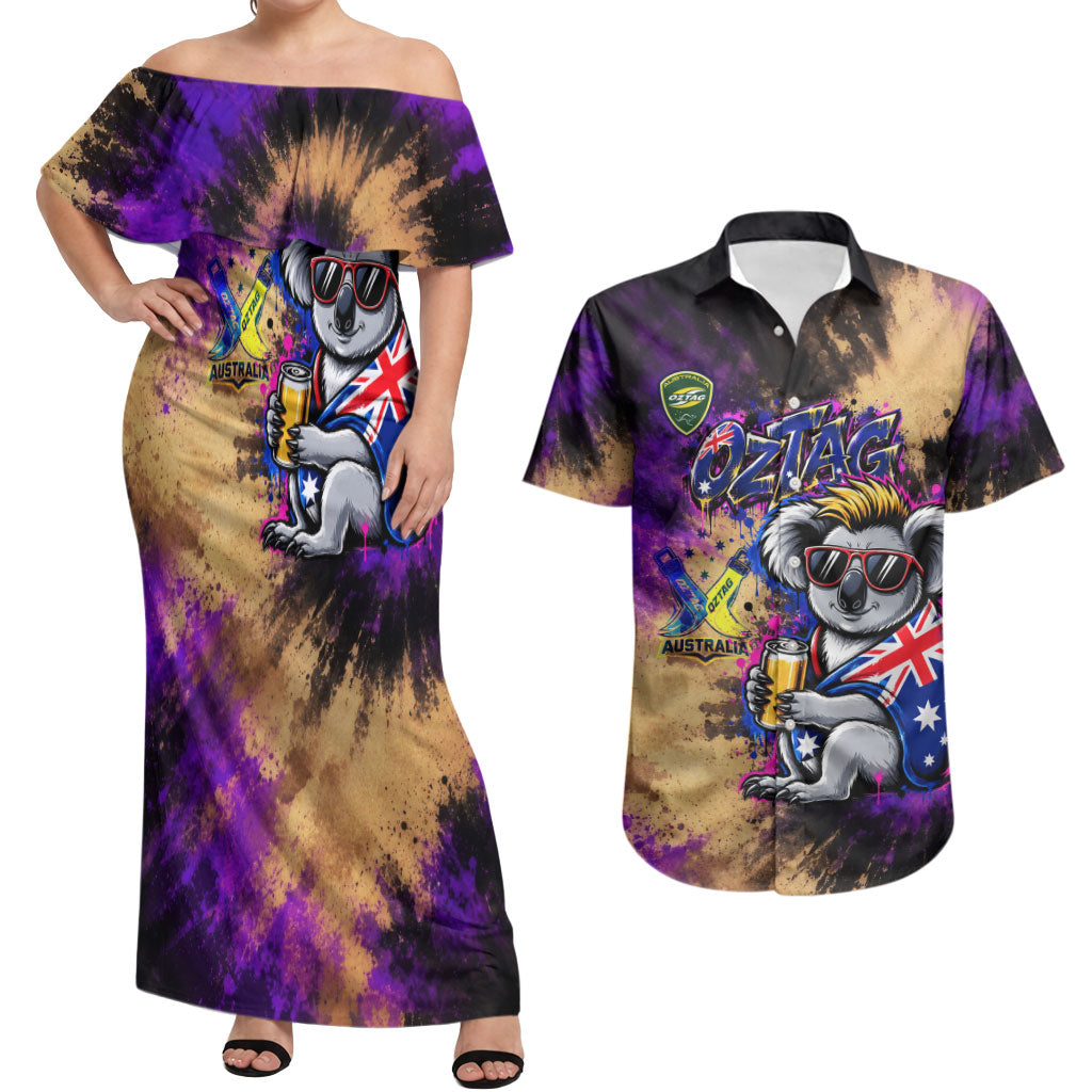 Personalised Australian Oztag Koala Mascot Couples Matching Off Shoulder Maxi Dress and Hawaiian Shirt Cool Koala Sunglasses Tie Dye Paint Splatter