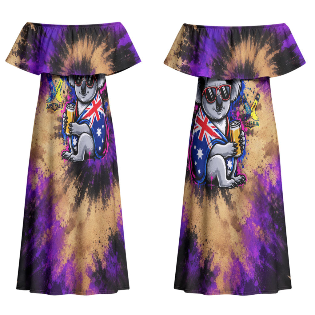 Personalised Australian Oztag Koala Mascot Couples Matching Off Shoulder Maxi Dress and Hawaiian Shirt Cool Koala Sunglasses Tie Dye Paint Splatter