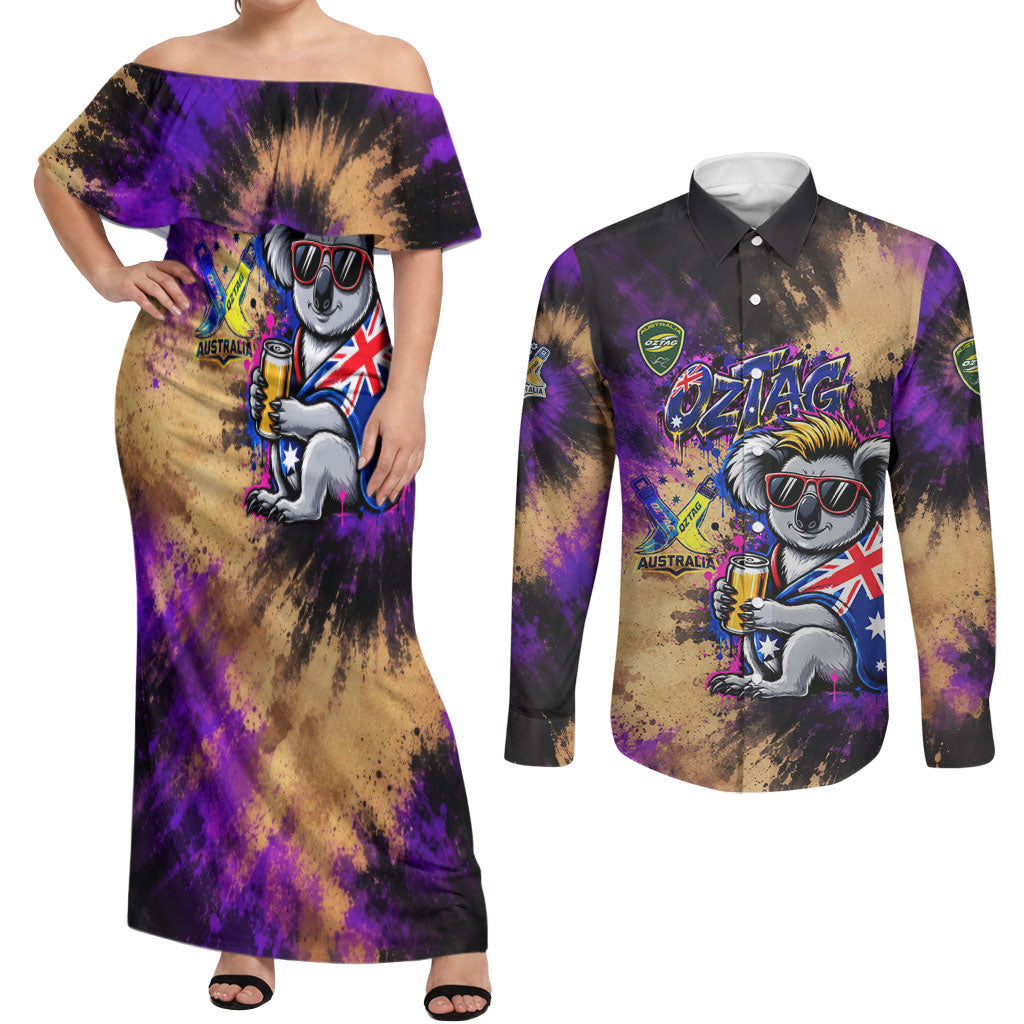 Personalised Australian Oztag Koala Mascot Couples Matching Off Shoulder Maxi Dress and Long Sleeve Button Shirt Cool Koala Sunglasses Tie Dye Paint Splatter
