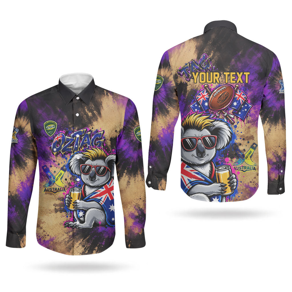 Personalised Australian Oztag Koala Mascot Couples Matching Off Shoulder Maxi Dress and Long Sleeve Button Shirt Cool Koala Sunglasses Tie Dye Paint Splatter