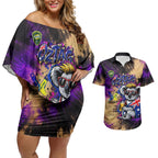 Personalised Australian Oztag Koala Mascot Couples Matching Off Shoulder Short Dress and Hawaiian Shirt Cool Koala Sunglasses Tie Dye Paint Splatter
