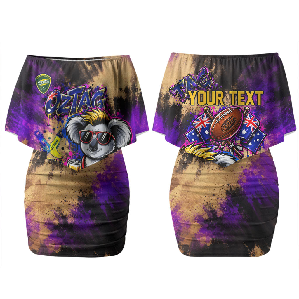 Personalised Australian Oztag Koala Mascot Couples Matching Off Shoulder Short Dress and Hawaiian Shirt Cool Koala Sunglasses Tie Dye Paint Splatter