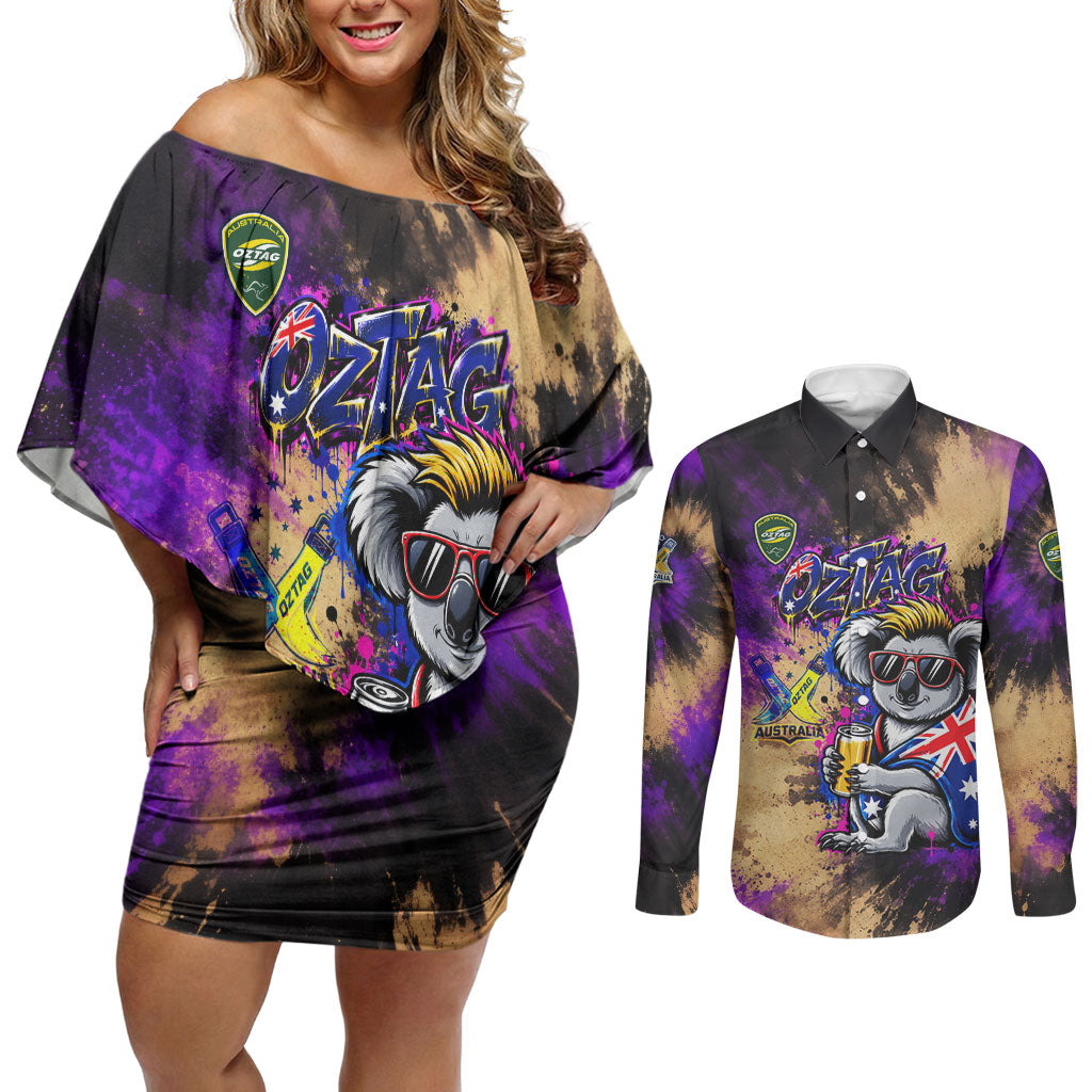 Personalised Australian Oztag Koala Mascot Couples Matching Off Shoulder Short Dress and Long Sleeve Button Shirt Cool Koala Sunglasses Tie Dye Paint Splatter
