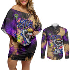 Personalised Australian Oztag Koala Mascot Couples Matching Off Shoulder Short Dress and Long Sleeve Button Shirt Cool Koala Sunglasses Tie Dye Paint Splatter