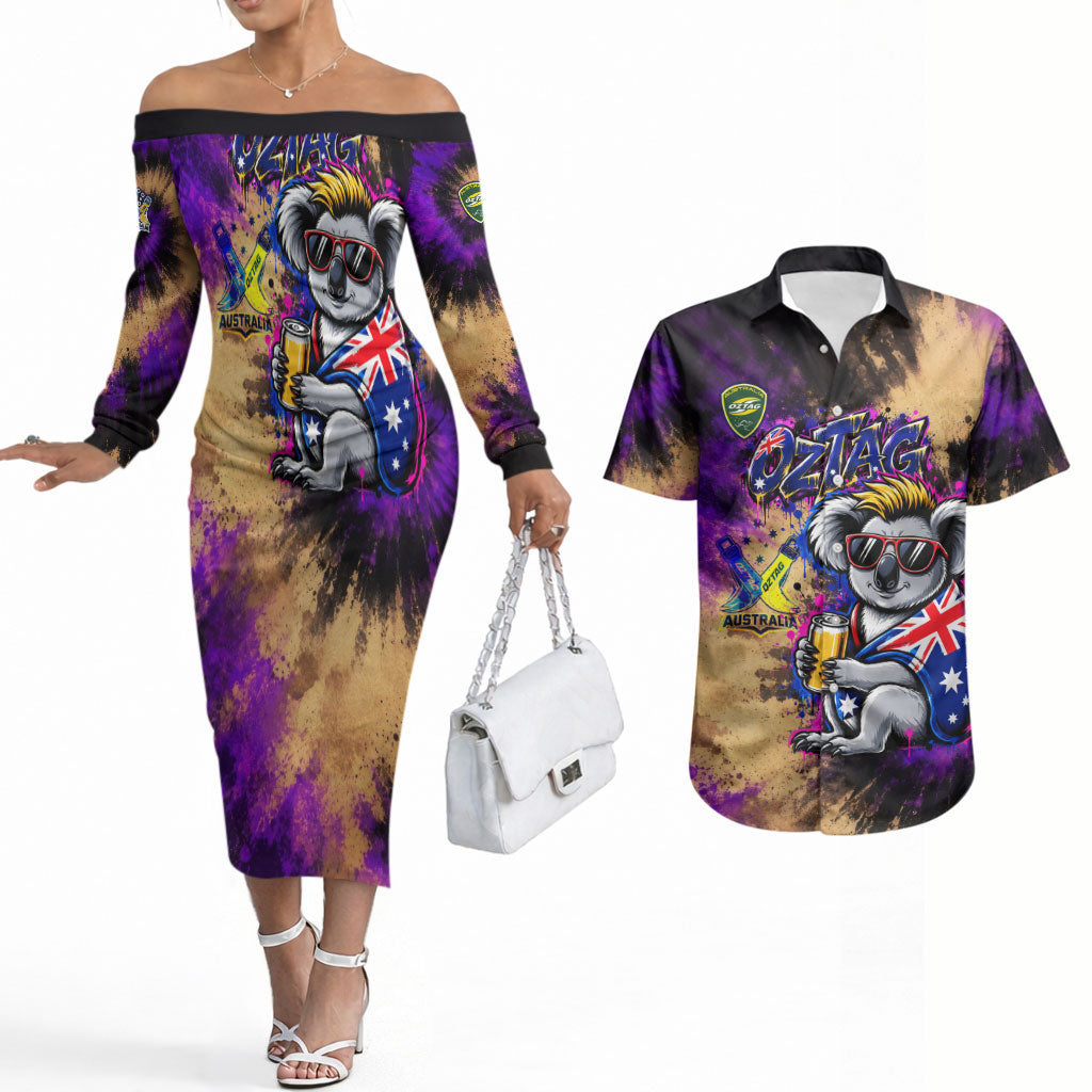 Personalised Australian Oztag Koala Mascot Couples Matching Off The Shoulder Long Sleeve Dress and Hawaiian Shirt Cool Koala Sunglasses Tie Dye Paint Splatter