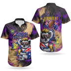 Personalised Australian Oztag Koala Mascot Couples Matching Off The Shoulder Long Sleeve Dress and Hawaiian Shirt Cool Koala Sunglasses Tie Dye Paint Splatter