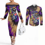 Personalised Australian Oztag Koala Mascot Couples Matching Off The Shoulder Long Sleeve Dress and Long Sleeve Button Shirt Cool Koala Sunglasses Tie Dye Paint Splatter
