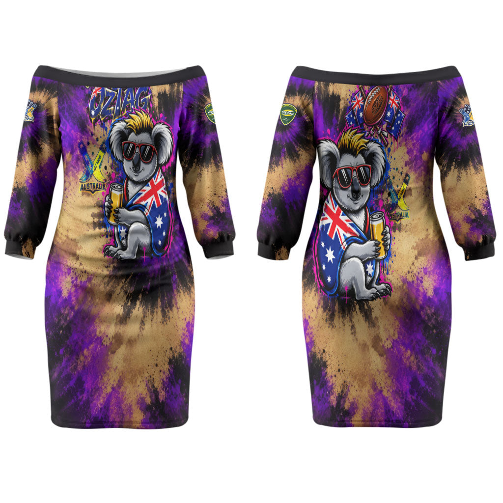 Personalised Australian Oztag Koala Mascot Couples Matching Off The Shoulder Long Sleeve Dress and Long Sleeve Button Shirt Cool Koala Sunglasses Tie Dye Paint Splatter