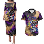 Personalised Australian Oztag Koala Mascot Couples Matching Puletasi and Hawaiian Shirt Cool Koala Sunglasses Tie Dye Paint Splatter
