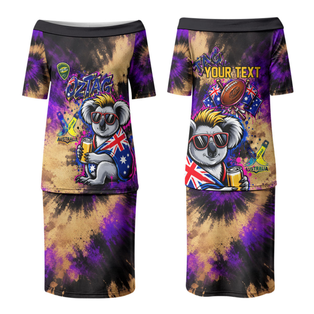 Personalised Australian Oztag Koala Mascot Couples Matching Puletasi and Hawaiian Shirt Cool Koala Sunglasses Tie Dye Paint Splatter