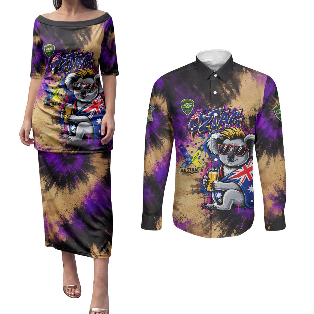 Personalised Australian Oztag Koala Mascot Couples Matching Puletasi and Long Sleeve Button Shirt Cool Koala Sunglasses Tie Dye Paint Splatter