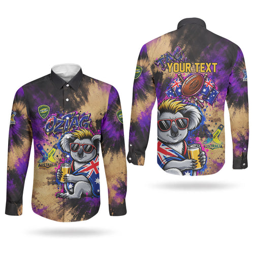 Personalised Australian Oztag Koala Mascot Couples Matching Puletasi and Long Sleeve Button Shirt Cool Koala Sunglasses Tie Dye Paint Splatter