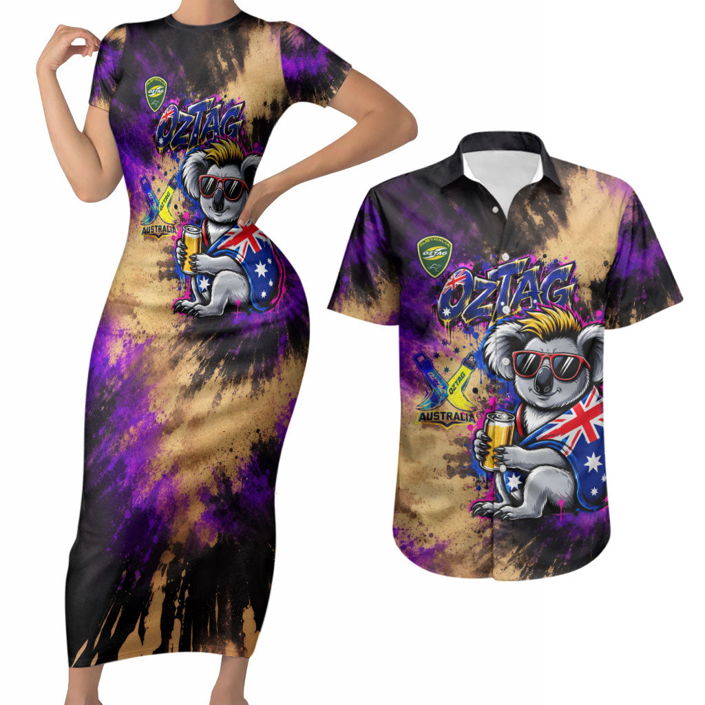 Personalised Australian Oztag Koala Mascot Couples Matching Short Sleeve Bodycon Dress and Hawaiian Shirt Cool Koala Sunglasses Tie Dye Paint Splatter