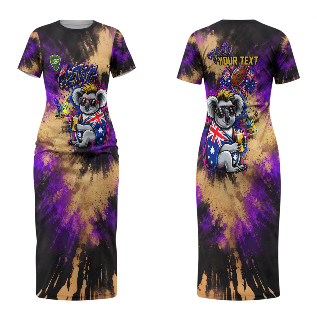 Personalised Australian Oztag Koala Mascot Couples Matching Short Sleeve Bodycon Dress and Hawaiian Shirt Cool Koala Sunglasses Tie Dye Paint Splatter