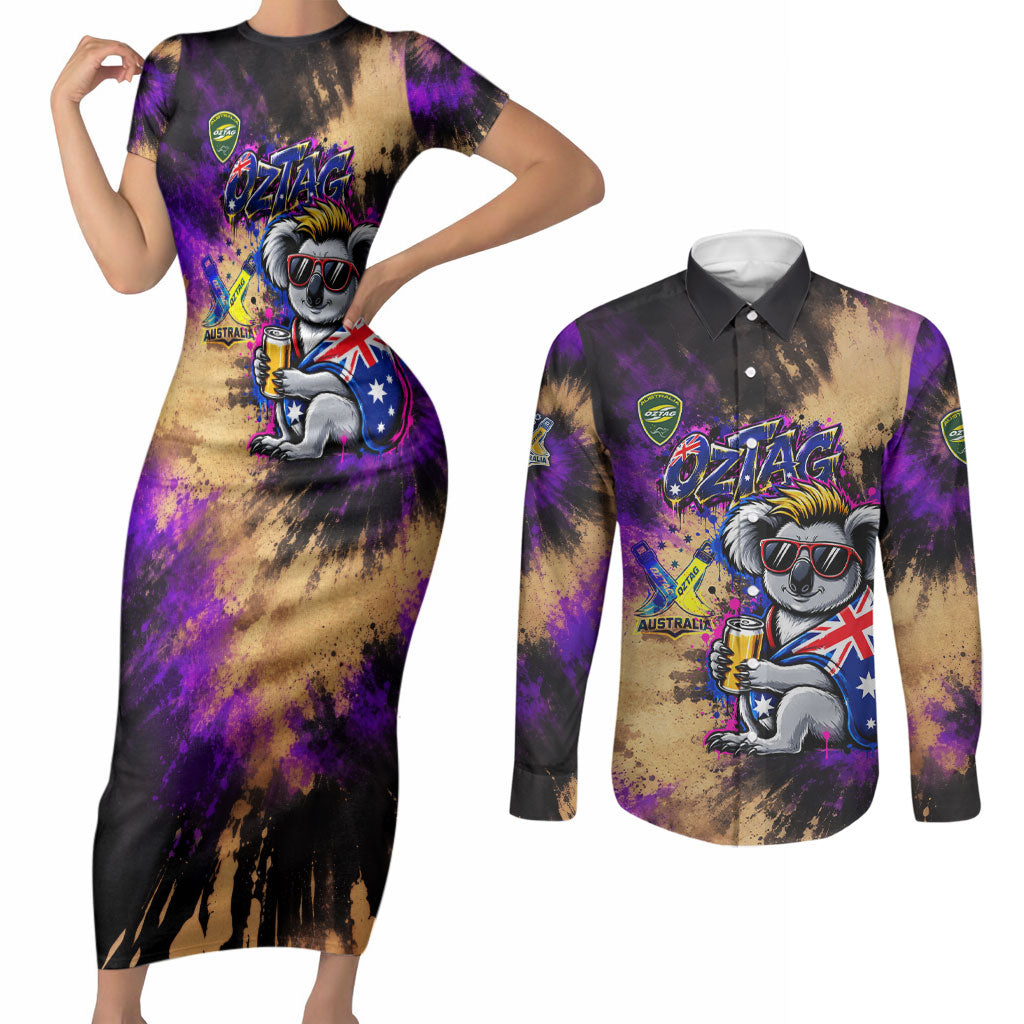 Personalised Australian Oztag Koala Mascot Couples Matching Short Sleeve Bodycon Dress and Long Sleeve Button Shirt Cool Koala Sunglasses Tie Dye Paint Splatter