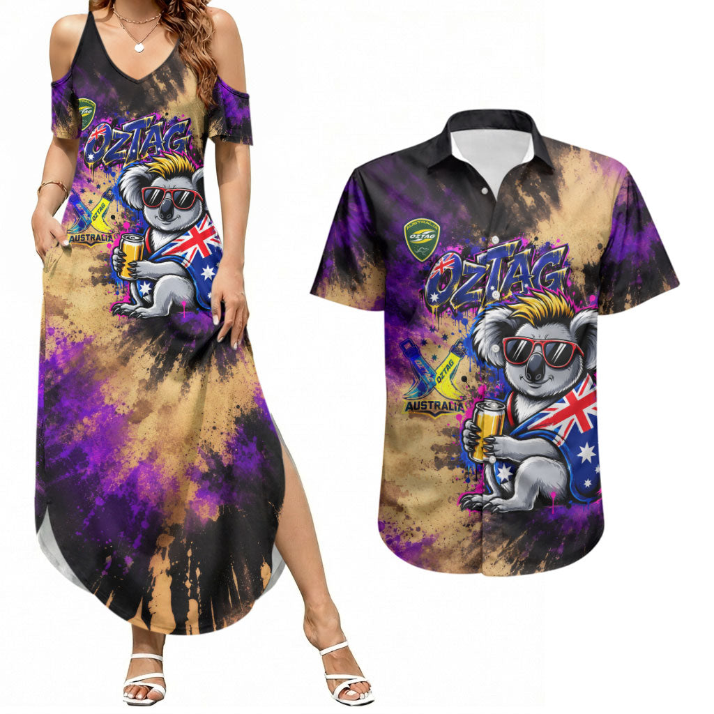 Personalised Australian Oztag Koala Mascot Couples Matching Summer Maxi Dress and Hawaiian Shirt Cool Koala Sunglasses Tie Dye Paint Splatter