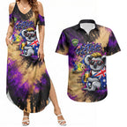 Personalised Australian Oztag Koala Mascot Couples Matching Summer Maxi Dress and Hawaiian Shirt Cool Koala Sunglasses Tie Dye Paint Splatter