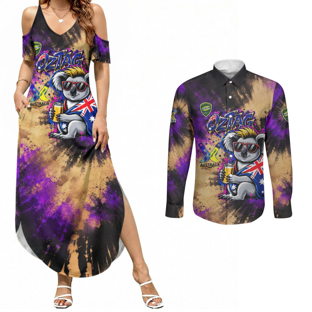Personalised Australian Oztag Koala Mascot Couples Matching Summer Maxi Dress and Long Sleeve Button Shirt Cool Koala Sunglasses Tie Dye Paint Splatter