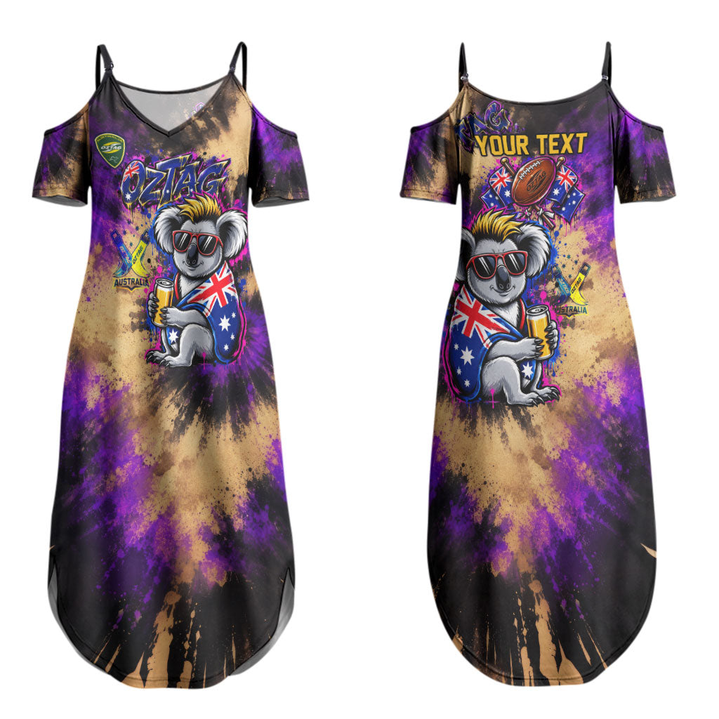 Personalised Australian Oztag Koala Mascot Couples Matching Summer Maxi Dress and Long Sleeve Button Shirt Cool Koala Sunglasses Tie Dye Paint Splatter