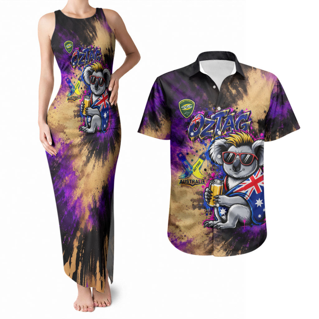 Personalised Australian Oztag Koala Mascot Couples Matching Tank Maxi Dress and Hawaiian Shirt Cool Koala Sunglasses Tie Dye Paint Splatter