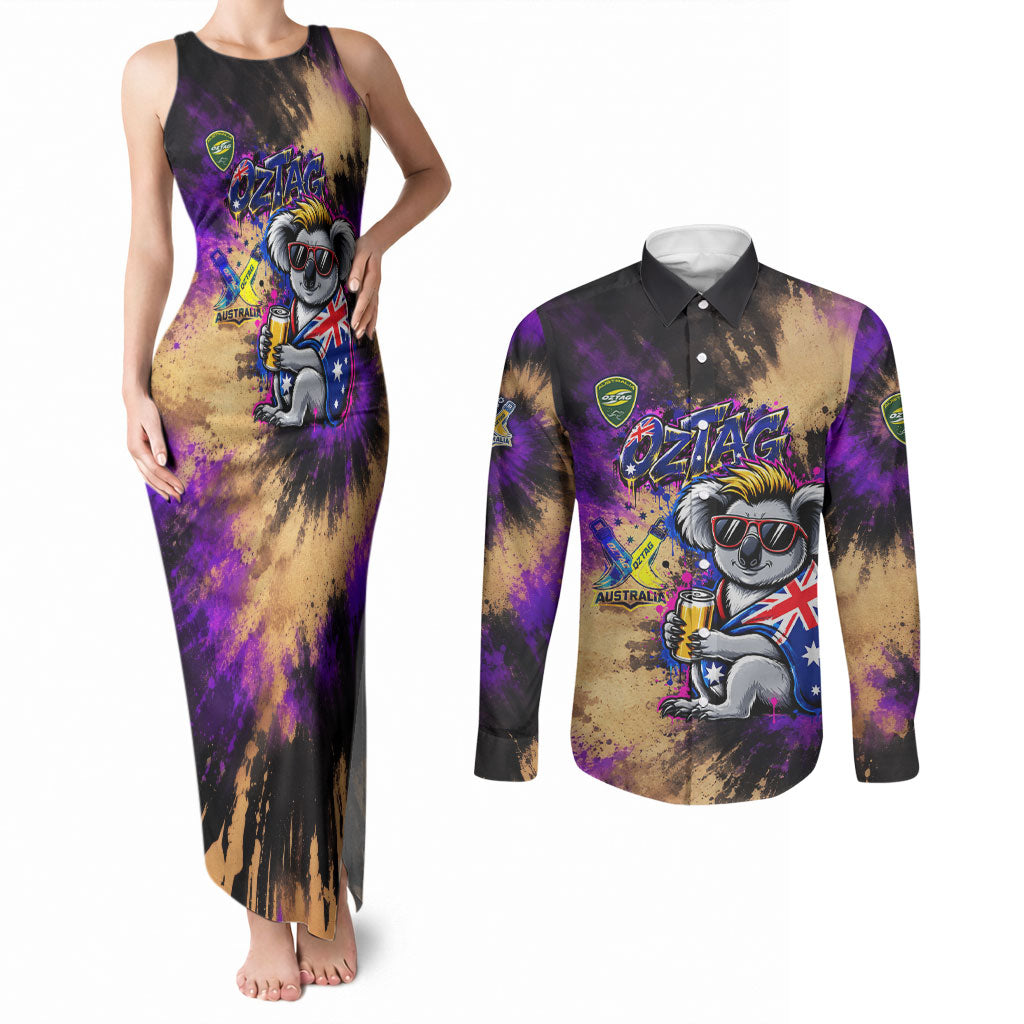 Personalised Australian Oztag Koala Mascot Couples Matching Tank Maxi Dress and Long Sleeve Button Shirt Cool Koala Sunglasses Tie Dye Paint Splatter