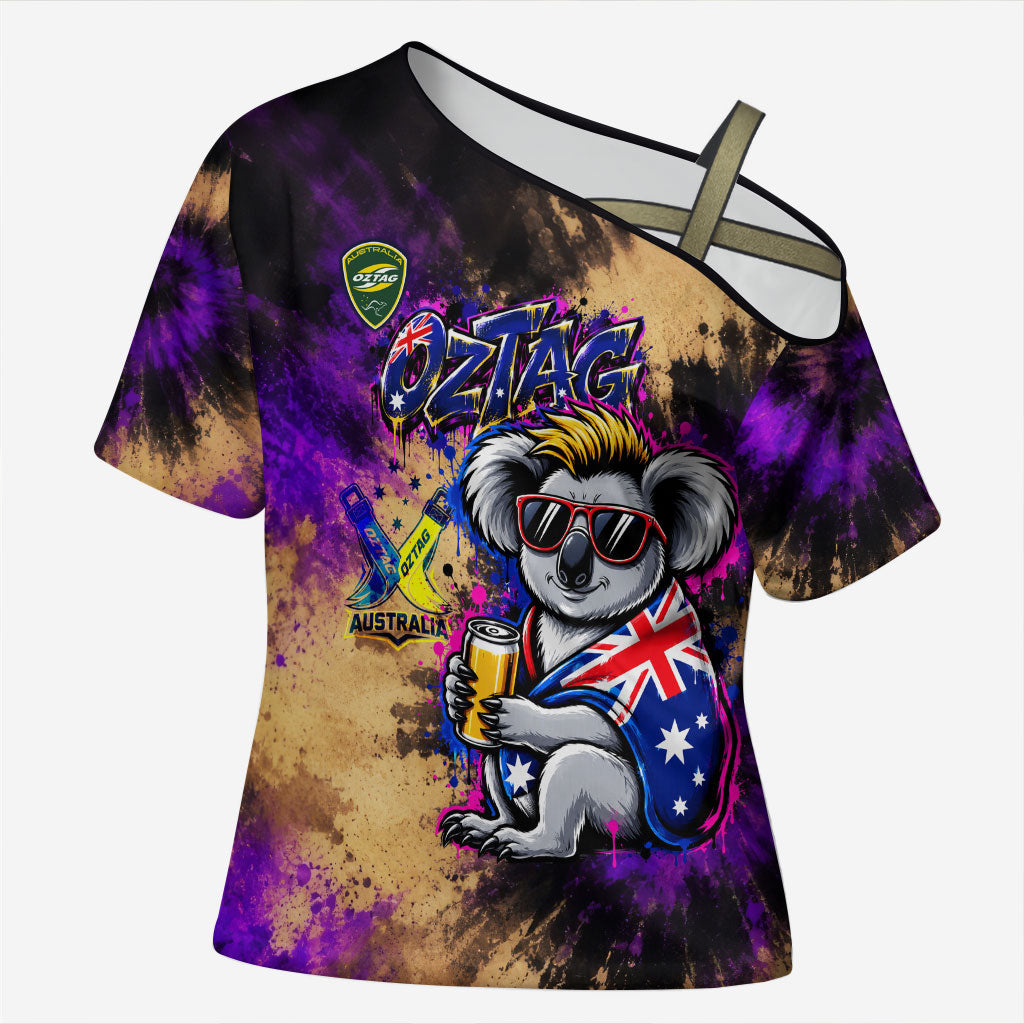 Personalised Australian Oztag Koala Mascot Cross Shoulder Shirt Cool Koala Sunglasses Tie Dye Paint Splatter